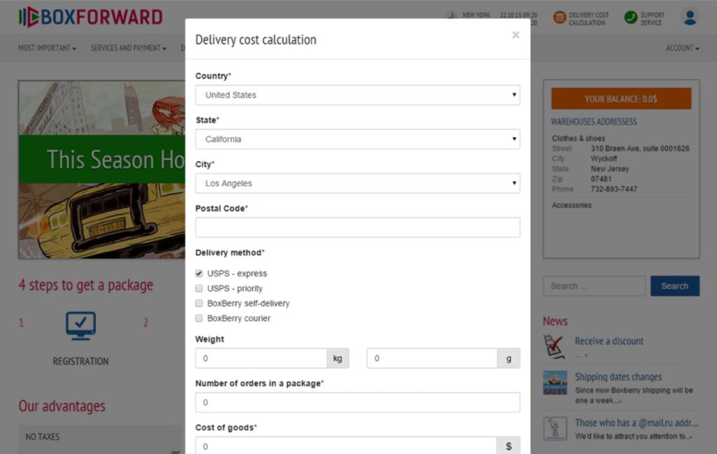 Boxforward delivery cost calculation form