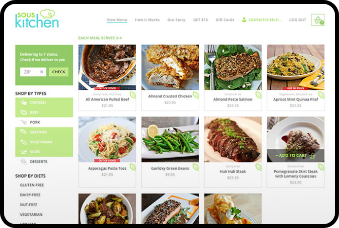 Sous Kitchen website with delivery menu for various meals