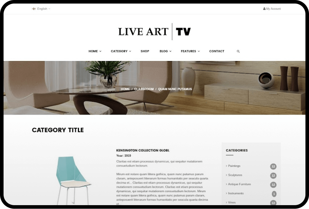 Live art furniture website homepage