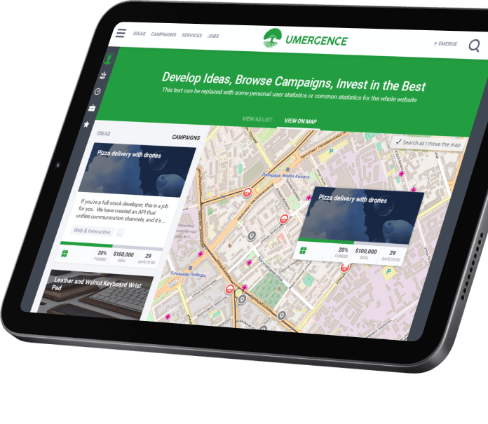 Umergence website screen website about developing ideas, browsing campaigns