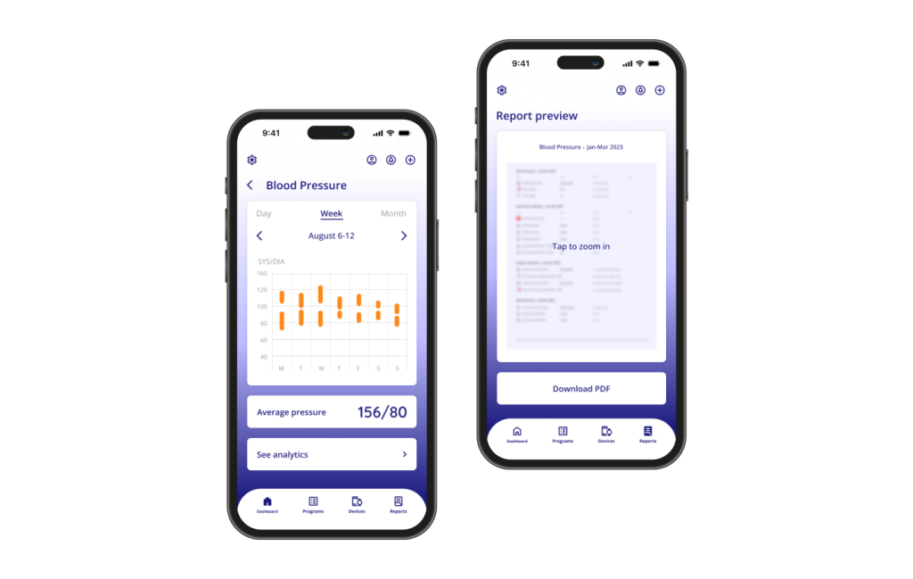 Blood pressure app on phone showing readings and graph